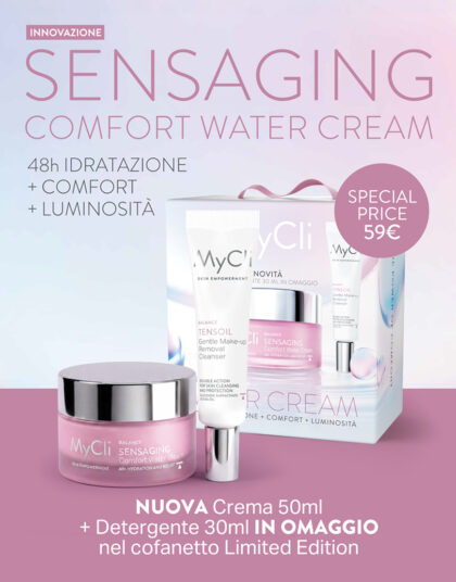 Composizione grafica del contenuto del Cofanetto Sensaging Comfort Water Cream 50ml, che contiene la cream in formato vendita 50ml e omaggia Sensaging Tensil Detergente Struccante Delicato nella travel size 30ml