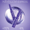 Composizione grafica che rappresenta il packaging delle ampolle e evidenzia i risultati express del trattamento: +70% elasticità e idratazione in 5 minuti e -11% rughe in soli 5 giorni