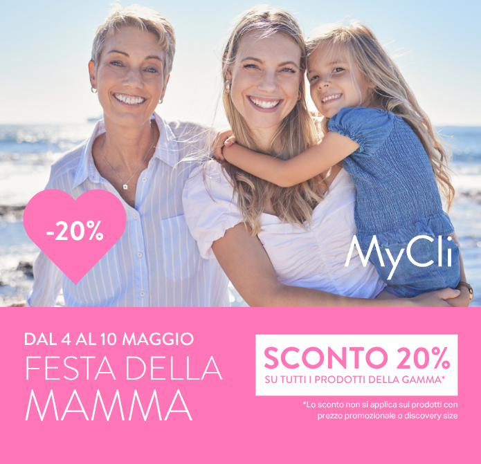 Sconto del 20% su tutta la gamma, ad eccezione dei prodotti promozionali e discovery size, in occasione della Festa della Mamma